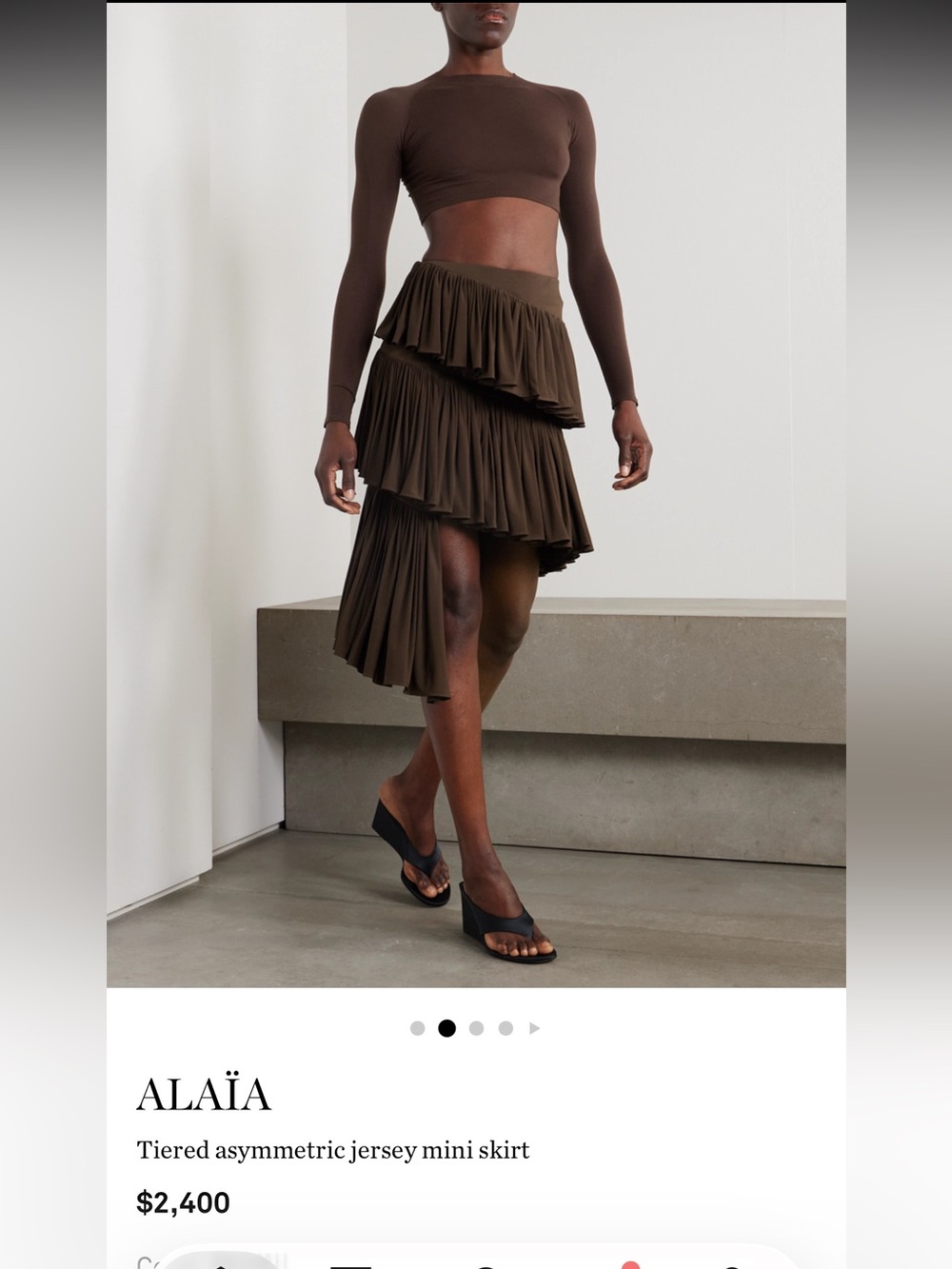 Alaia tiered asymmetric jersey mini skirt and crop top chocolate brown